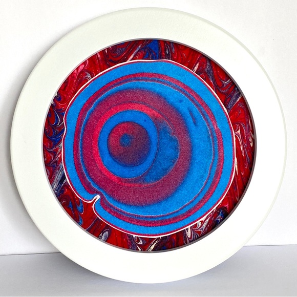 Blue Eye - Original Art Round Marbled Handmade Paper Painting Framed 7" - Picture 2 of 6